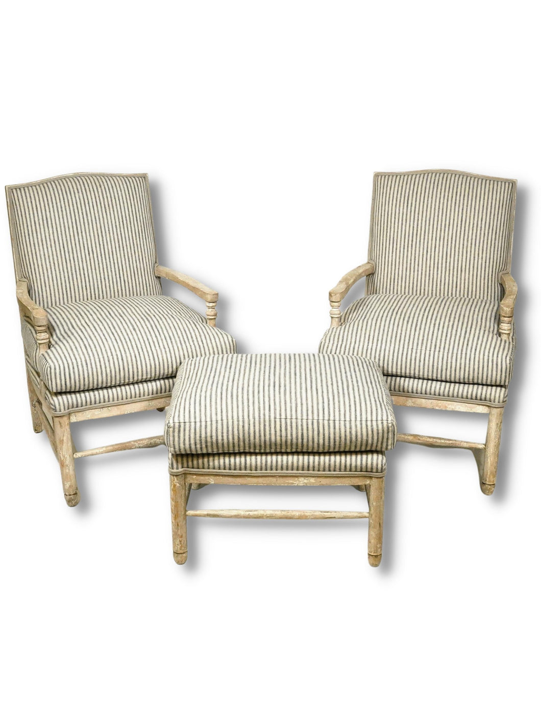Pair of French Country Lounge Chairs with Matching Ottoman (Set)